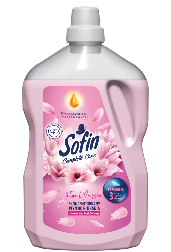 The package of liquid SOFIN COMPLETE CARE & FRESHNESS with the Floral Passion scent